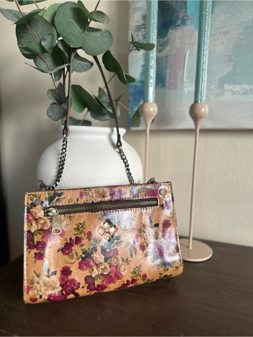 Patricia Nash Floral Leather Bag in Tan and Pink